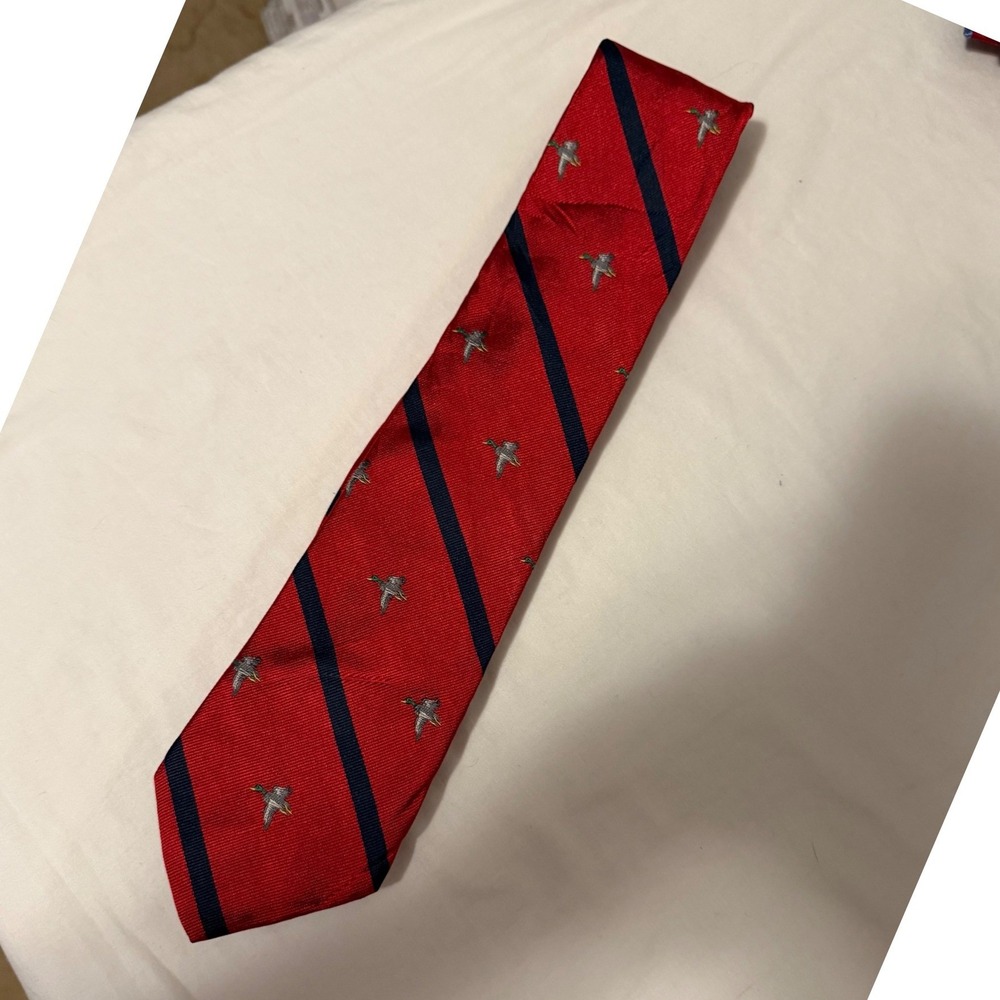 Lands End Mens Red Navy Blue Striped Mallard Duck Silk Tie Handmade USA